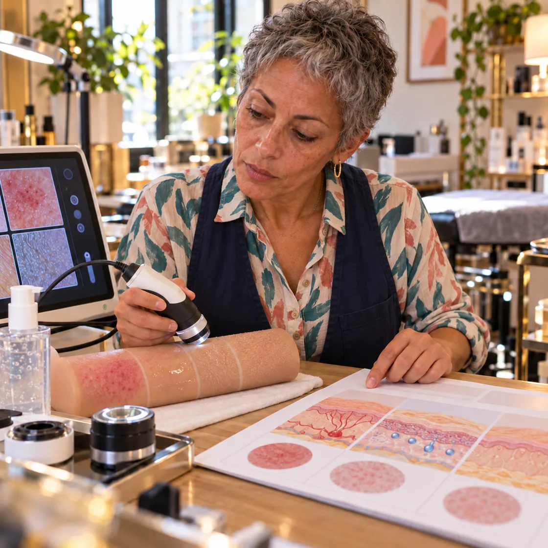 Une professionnelle observe avec attention la peau du visage et du bras de son client.