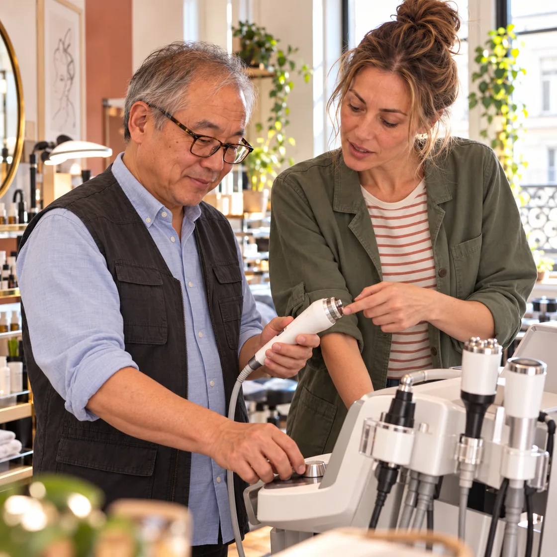 Une professionnelle règle un appareil esthétique auprès de sa cliente.